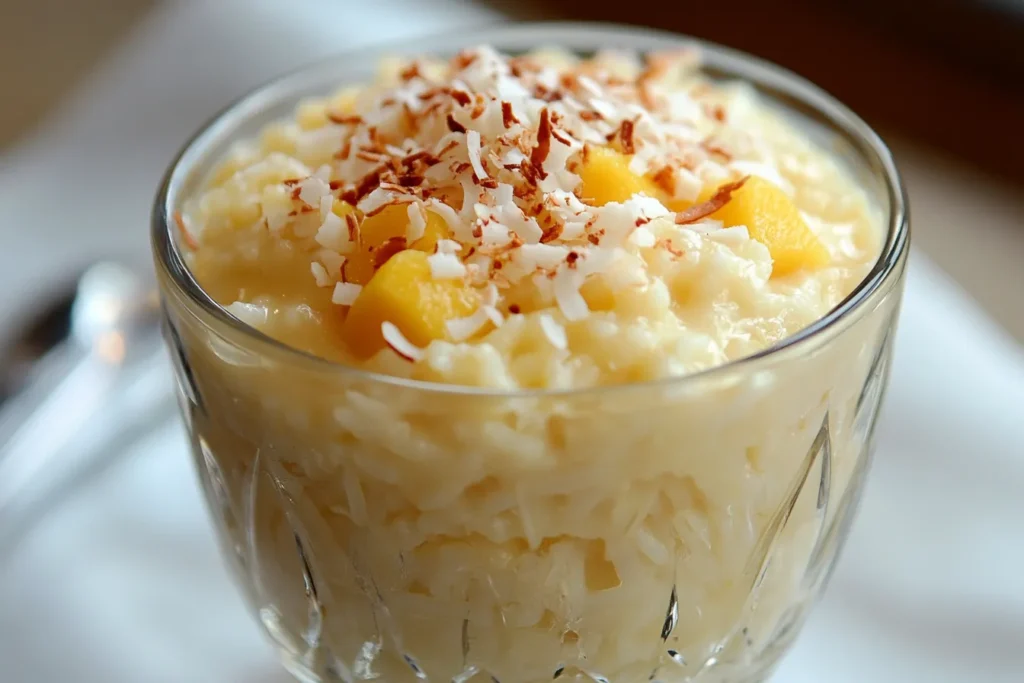 Chilled coconut milk rice pudding topped with fresh mango slices	