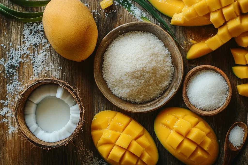 Ingredients for mango sticky rice arranged on a kitchen counter