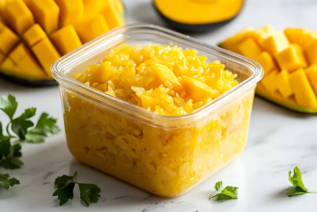 Leftover mango sticky rice stored in a labeled container