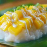 Mango Sticky Rice served with sliced mango and coconut sauce on a banana leaf