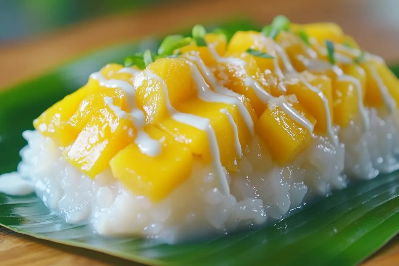 Mango Sticky Rice served with sliced mango and coconut sauce on a banana leaf
