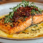 Plated Marry Me Salmon with creamy garlic sauce and herbs
