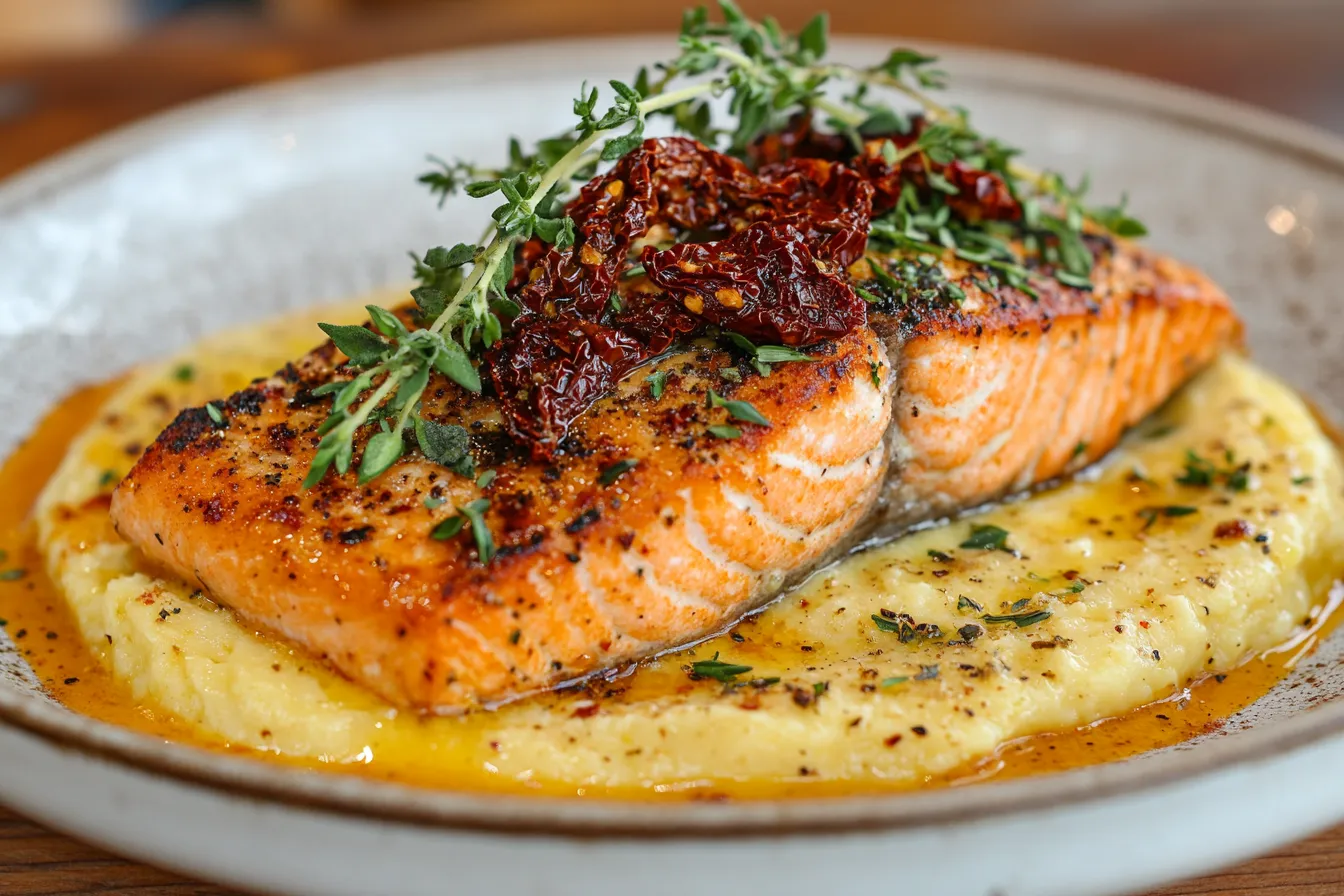 Plated Marry Me Salmon with creamy garlic sauce and herbs