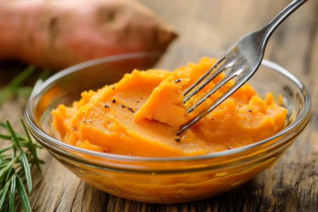 Mashed sweet potato in a bowl ready for brownie batter