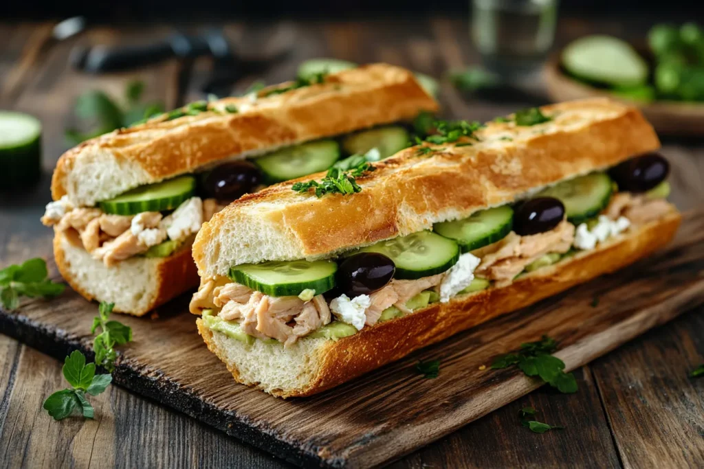 Mediterranean style avocado tuna salad sandwich with olives and feta
