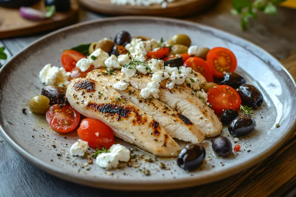 Mediterranean garlic herb chicken served with olives and tomatoes