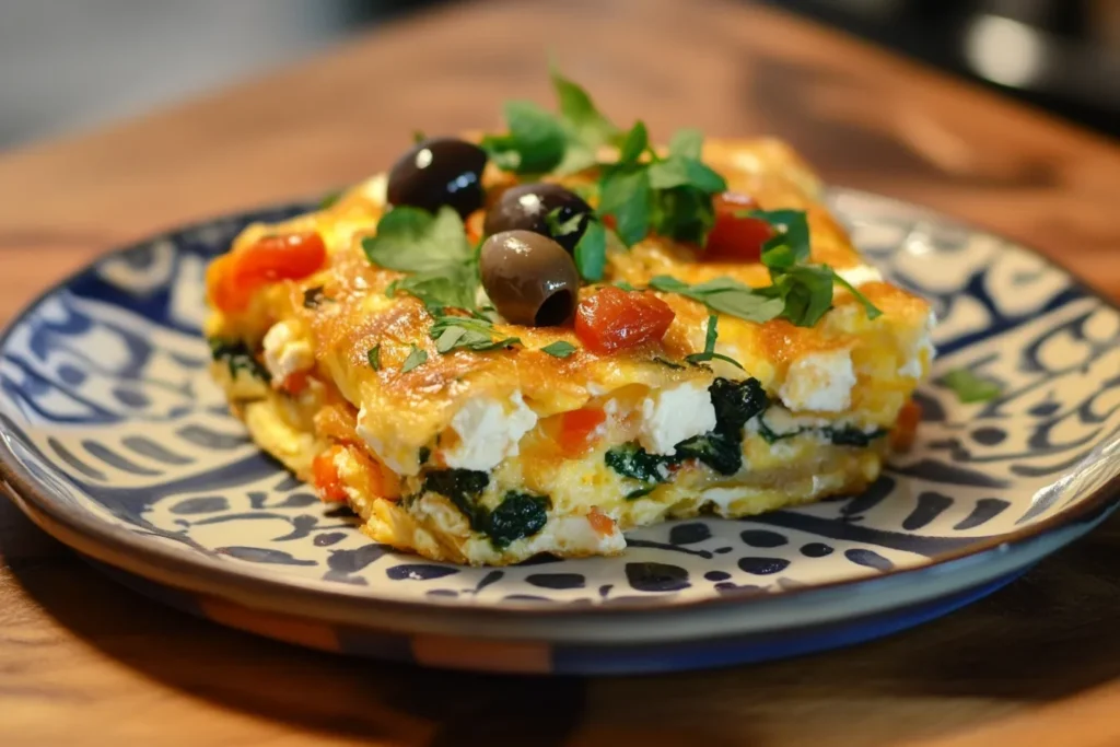 Mediterranean-style cheese and greens omelet with feta and olives