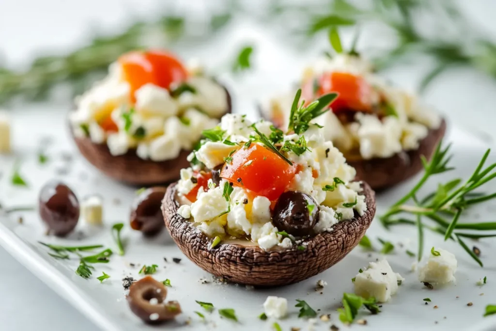 Stuffed mushrooms with Mediterranean filling of feta, olives, and spinach