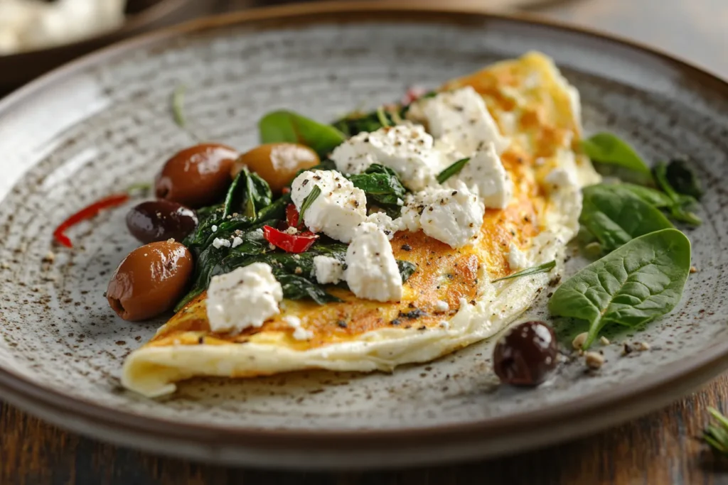 Mediterranean veggie omelette with feta, spinach, and olives served on a rustic plate