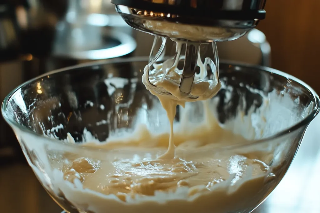 Mixing creamy cheesecake batter in a bowl	