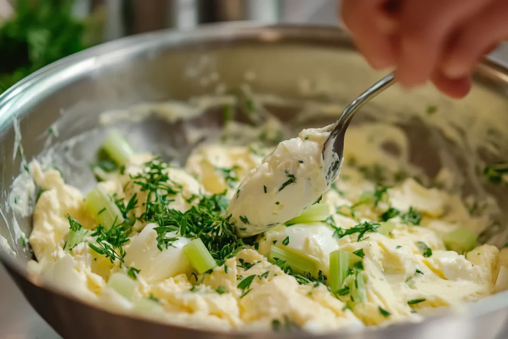Creamy egg salad being mixed with celery, herbs, and seasoning