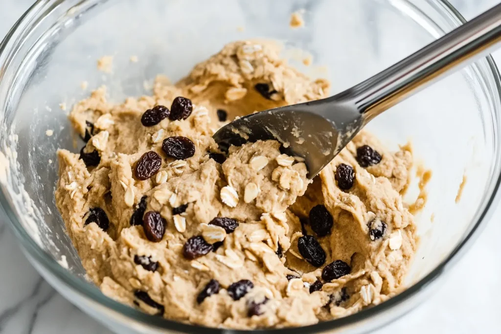 Mixing oatmeal cookie dough with raisins