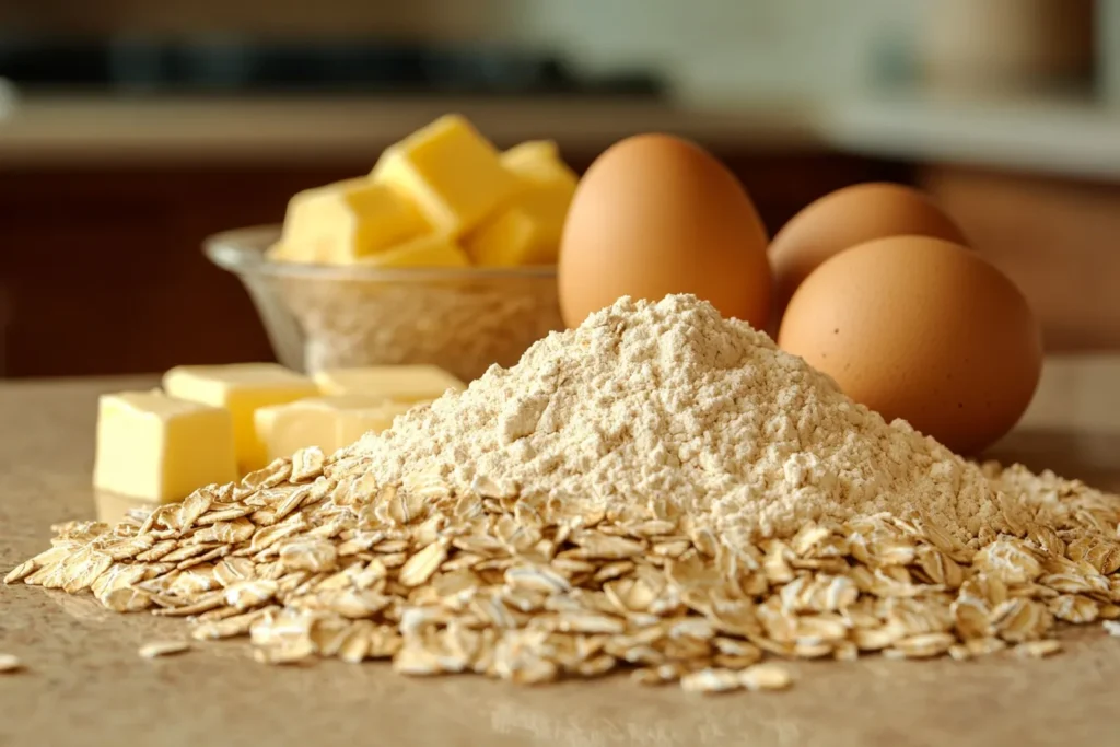 Classic oatmeal cookie ingredients on a kitchen counter