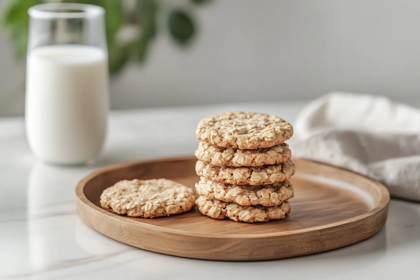 Stack of chewy oatmeal cookies with milk
