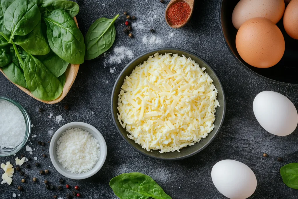 Ingredients for making cheese and greens omelet including eggs, cheese, and greens