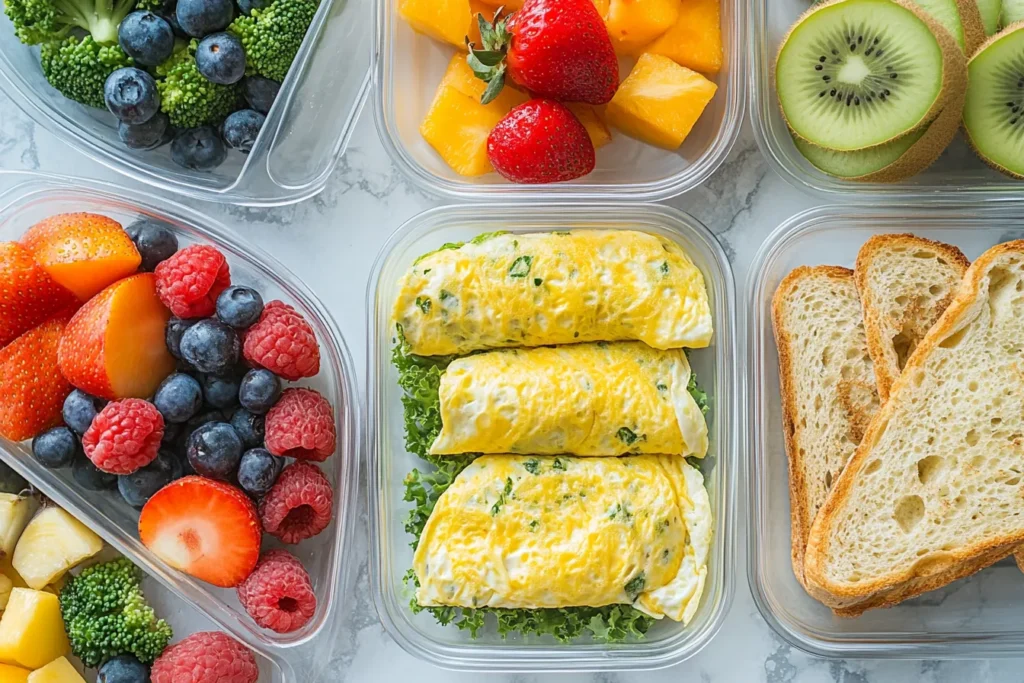 Cheese and greens omelets packed in containers for meal prep