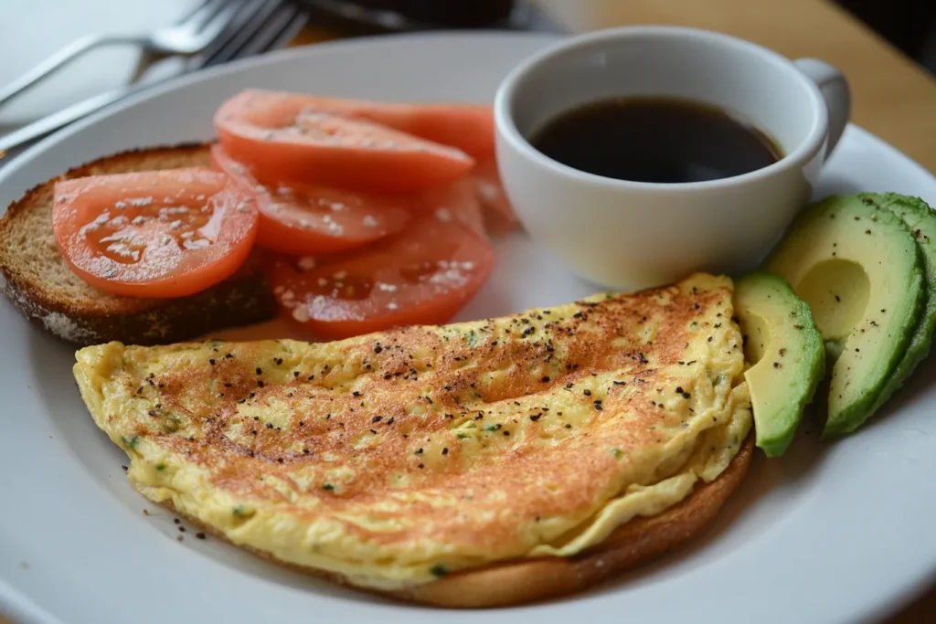 Cheese and greens omelet served with toast, avocado, and coffee
