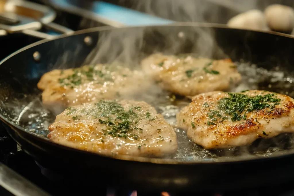 Garlic herb marinated chicken breasts searing in a hot pan
