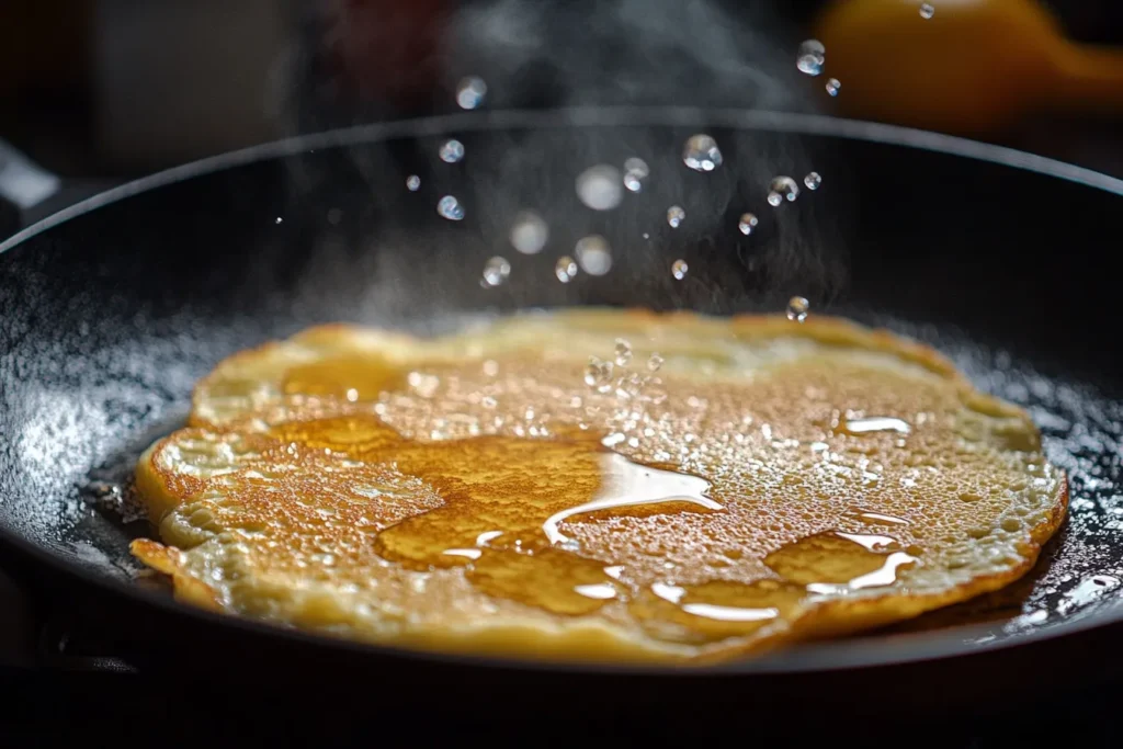 Pancakes cooking on a pan with bubbles ready to flip