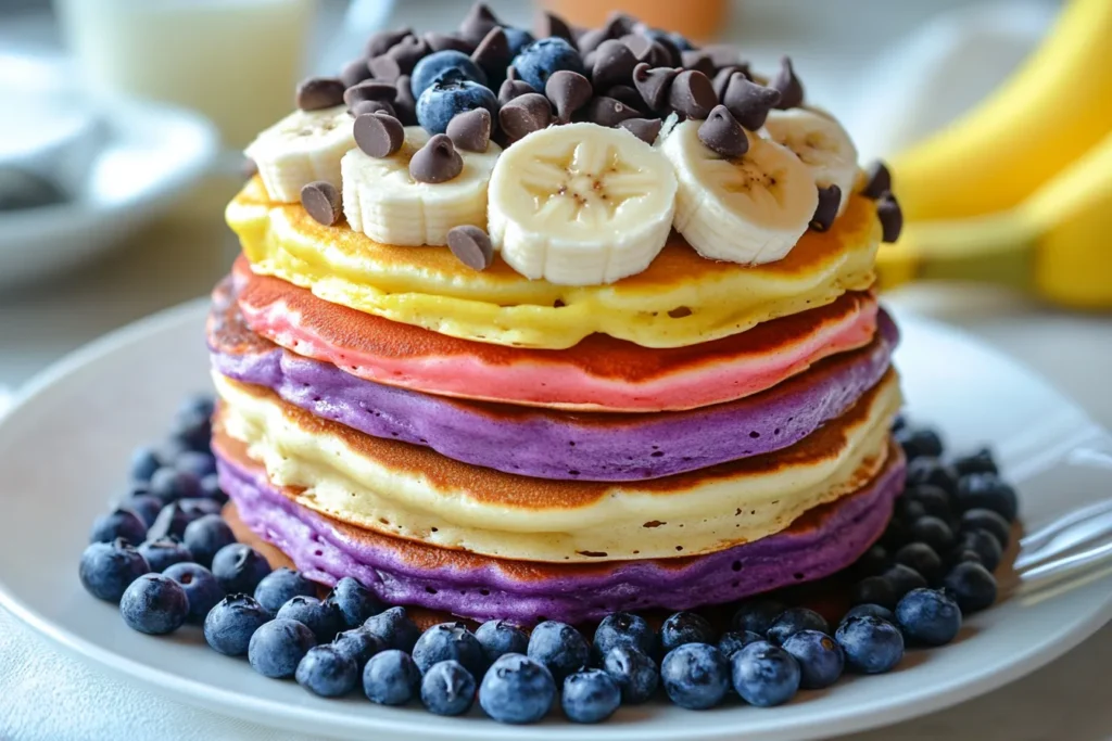 Chocolate chip, banana oat, and blueberry pancakes