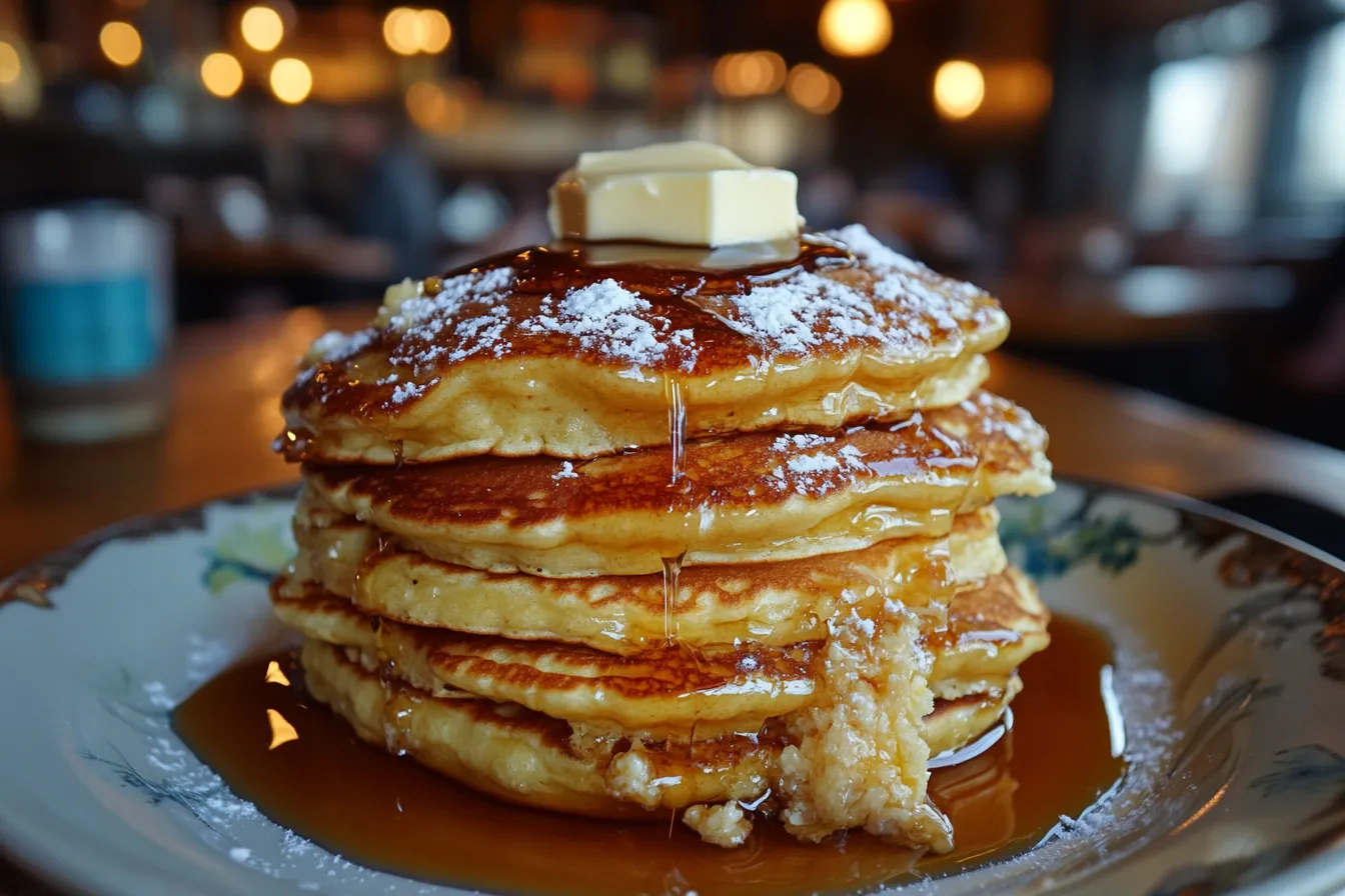 Tall stack of fluffy pancakes with melting butter and syrup
