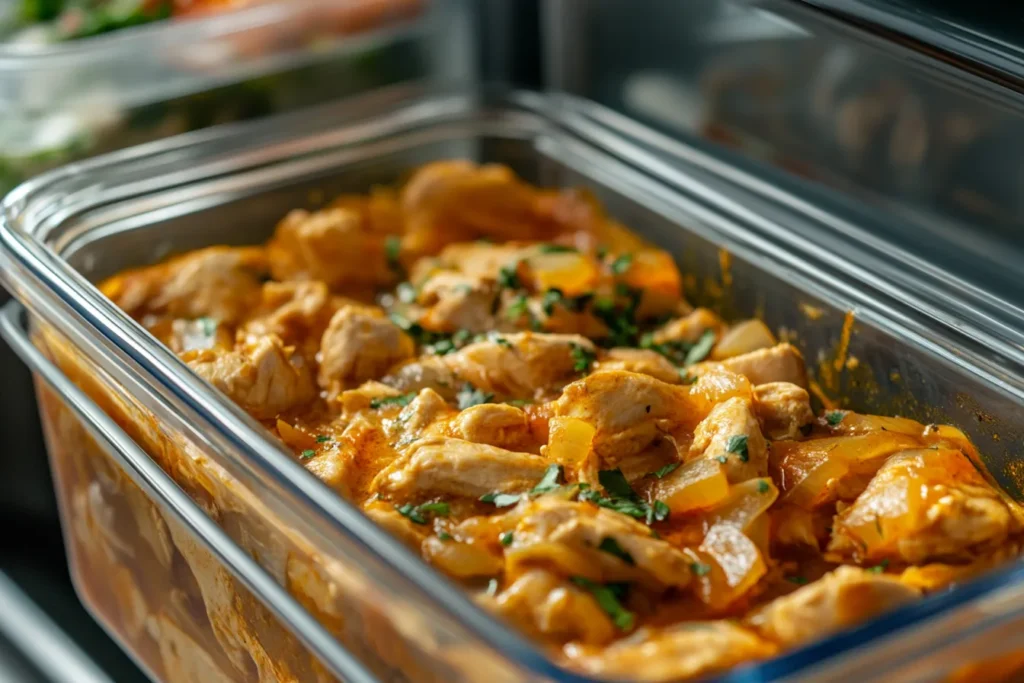 Leftover chicken paprikash in a container for fridge storage	