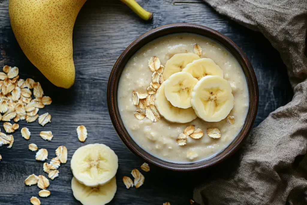 Breakfast pear smoothie with oats and banana slices