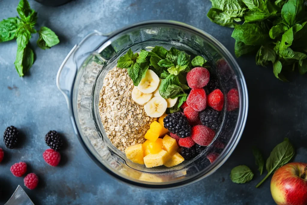 Pear and other ingredients in a blender, ready to blend