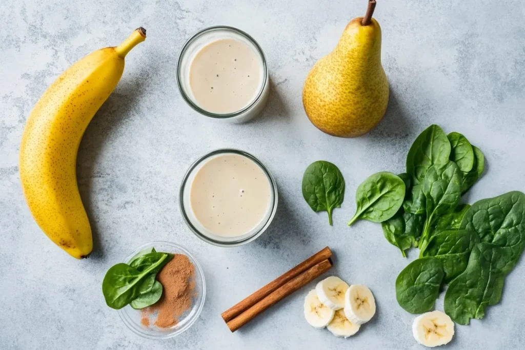 Ingredients for pear smoothie laid out on a wooden surface