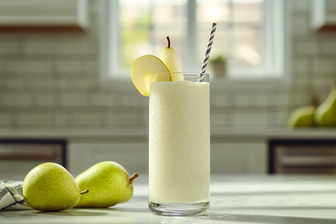 Pear smoothie in a tall glass with fresh pear slices and a straw