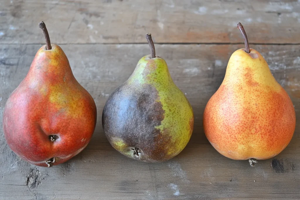 Bartlett, Anjou, and Bosc pears side by side