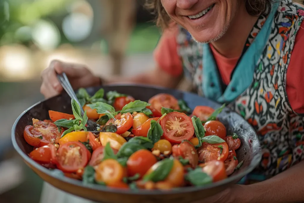Someone enjoying a fresh tomato salad with herbs