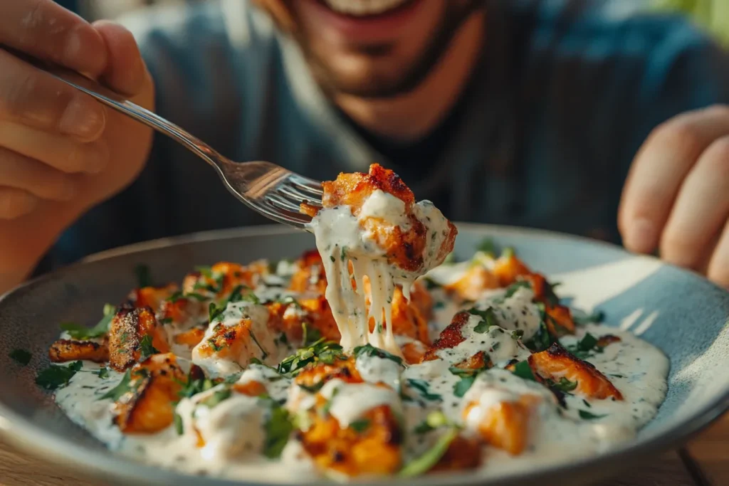 Someone enjoying a bite of Marry Me Salmon