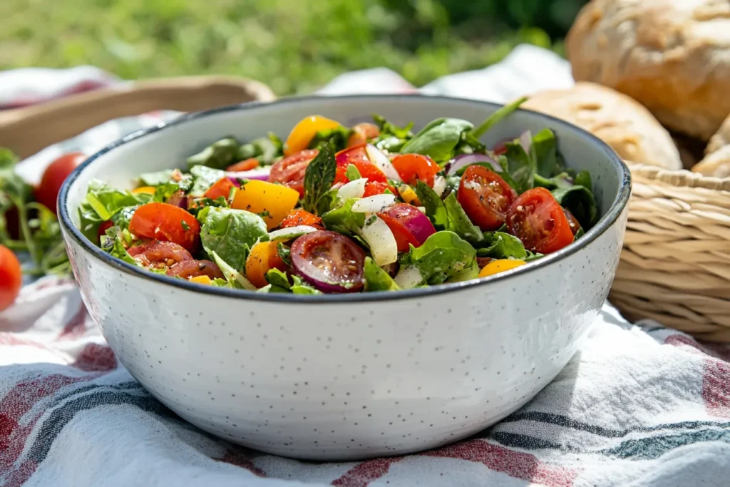 Picnic scene featuring chilled salad in a large bowl