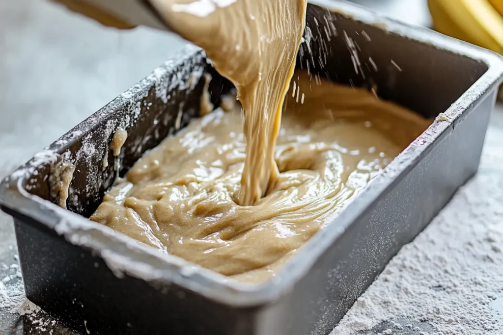 Banana bread batter going into a baking pan