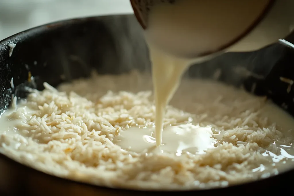 Pouring creamy coconut milk into cooked rice for pudding	