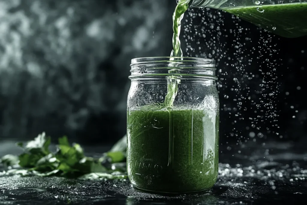 Pouring freshly blended green smoothie into a chilled jar