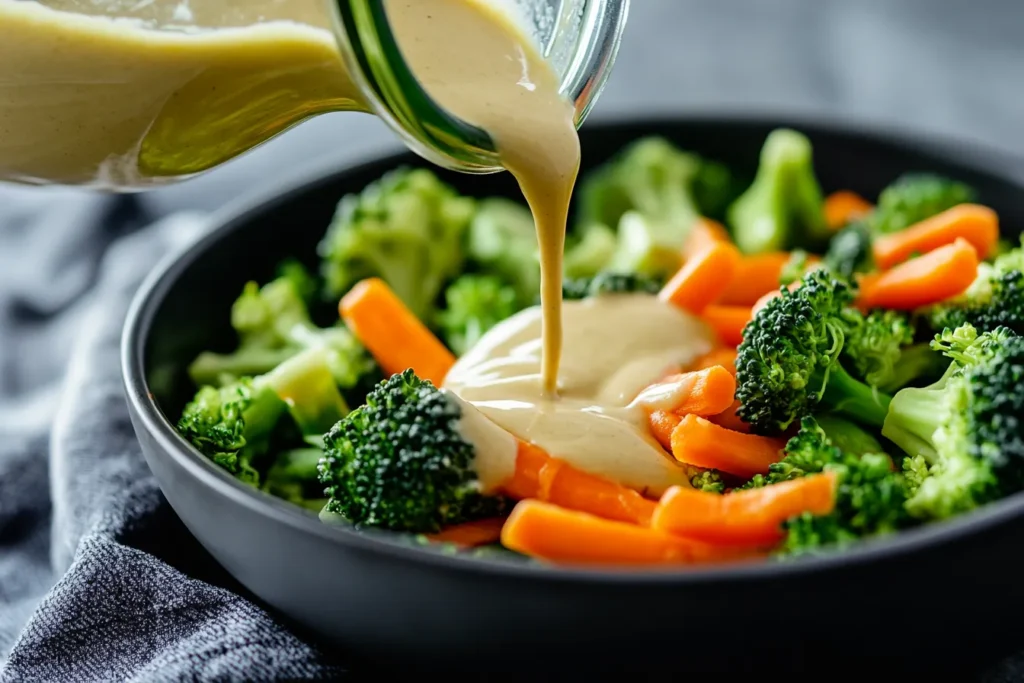 Sweet miso dressing being poured onto chopped broccoli and veggies