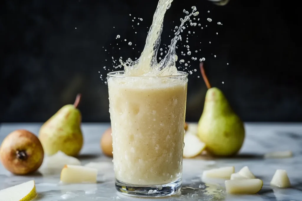 Pear smoothie being poured from blender into a glass