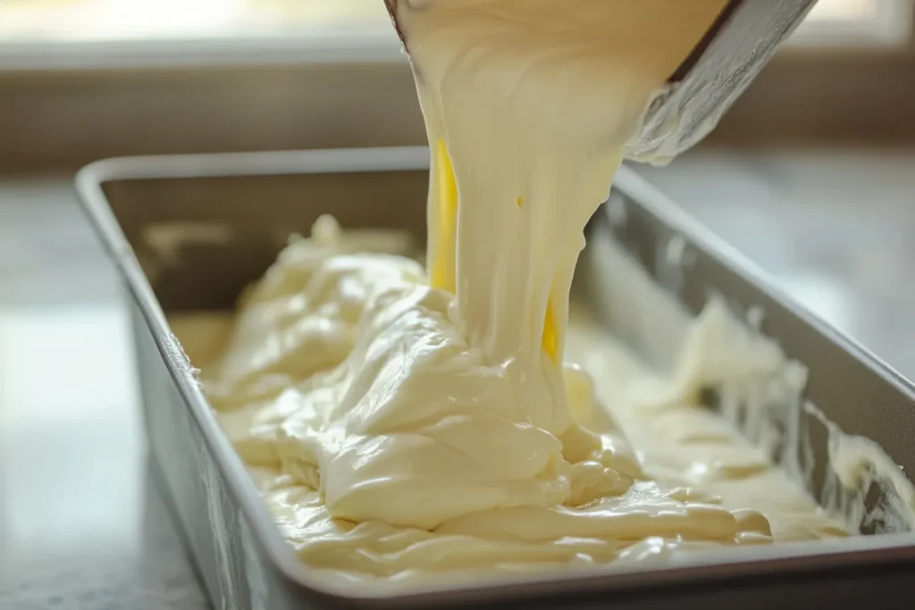 Frozen yogurt mixture being poured into a container	