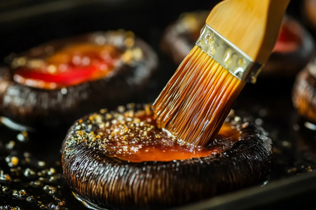 Mushroom caps being brushed with olive oil before baking