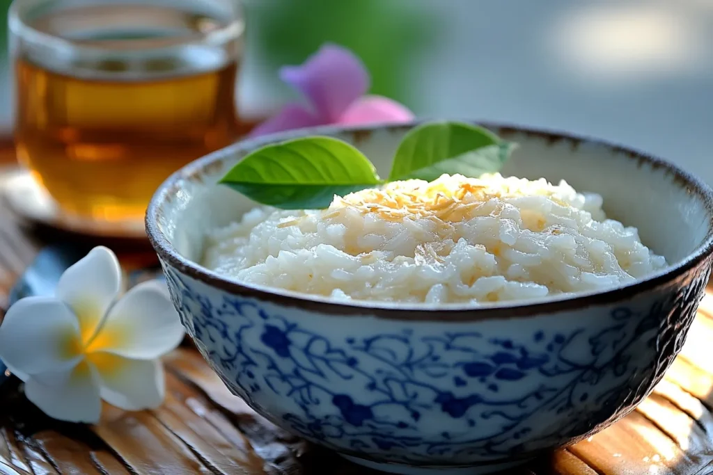 Creamy rice pudding paired with a cup of tea for the perfect dessert moment	