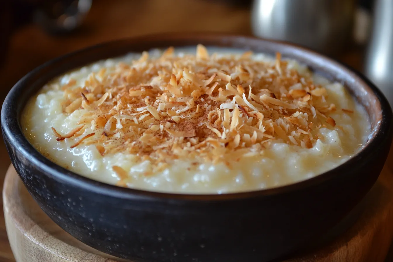 Creamy rice pudding with coconut milk and toasted coconut topping
