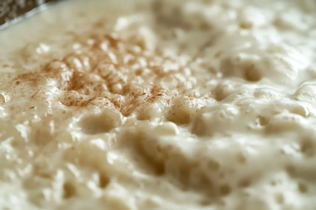 Coconut milk rice pudding slowly thickening on the stove	