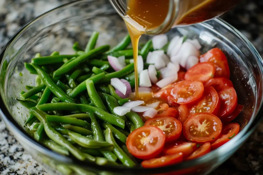 Dressing being poured into a bowl of green beans and tomatoes