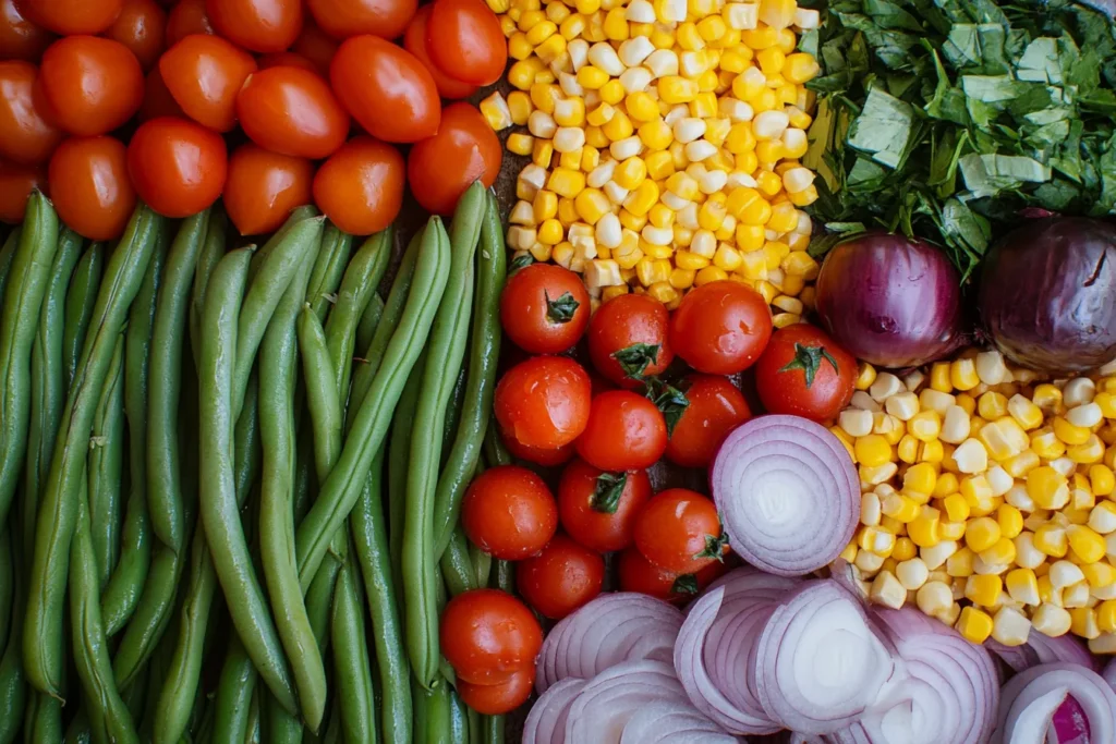 Flat lay of fresh ingredients for corn and green bean salad