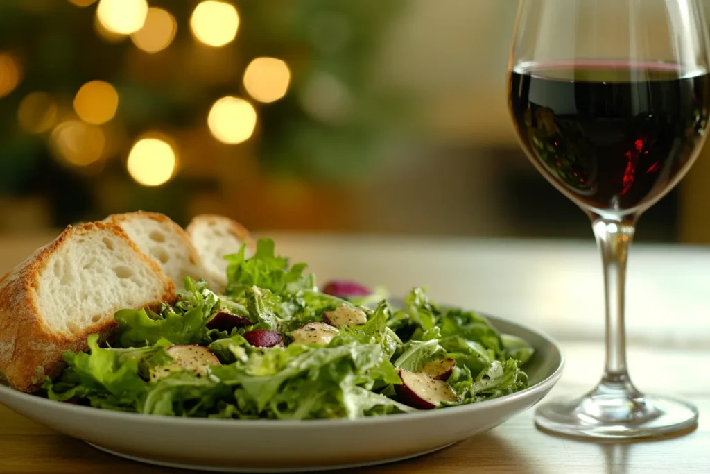 Tomato green bean salad paired with bread and wine for serving