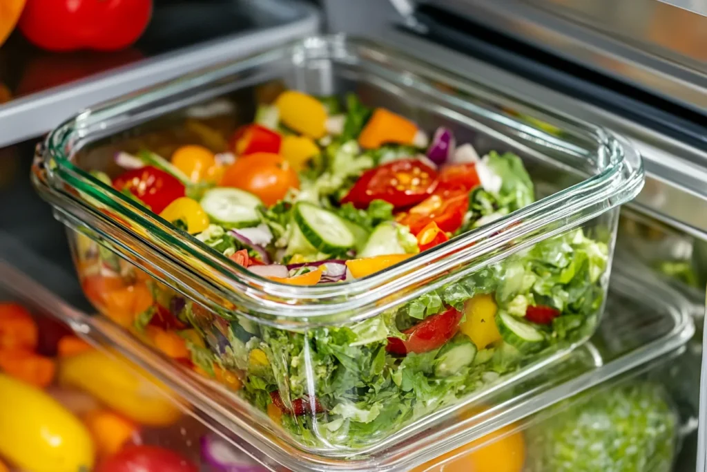 Chilled corn and green bean salad stored in airtight container