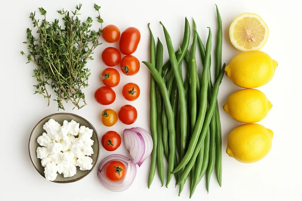 Fresh ingredients for tomato green bean salad with goat cheese on a kitchen counter
