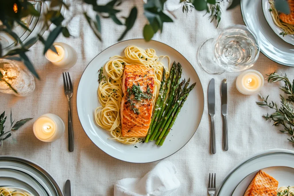 Marry Me Salmon served with pasta and asparagus on date night